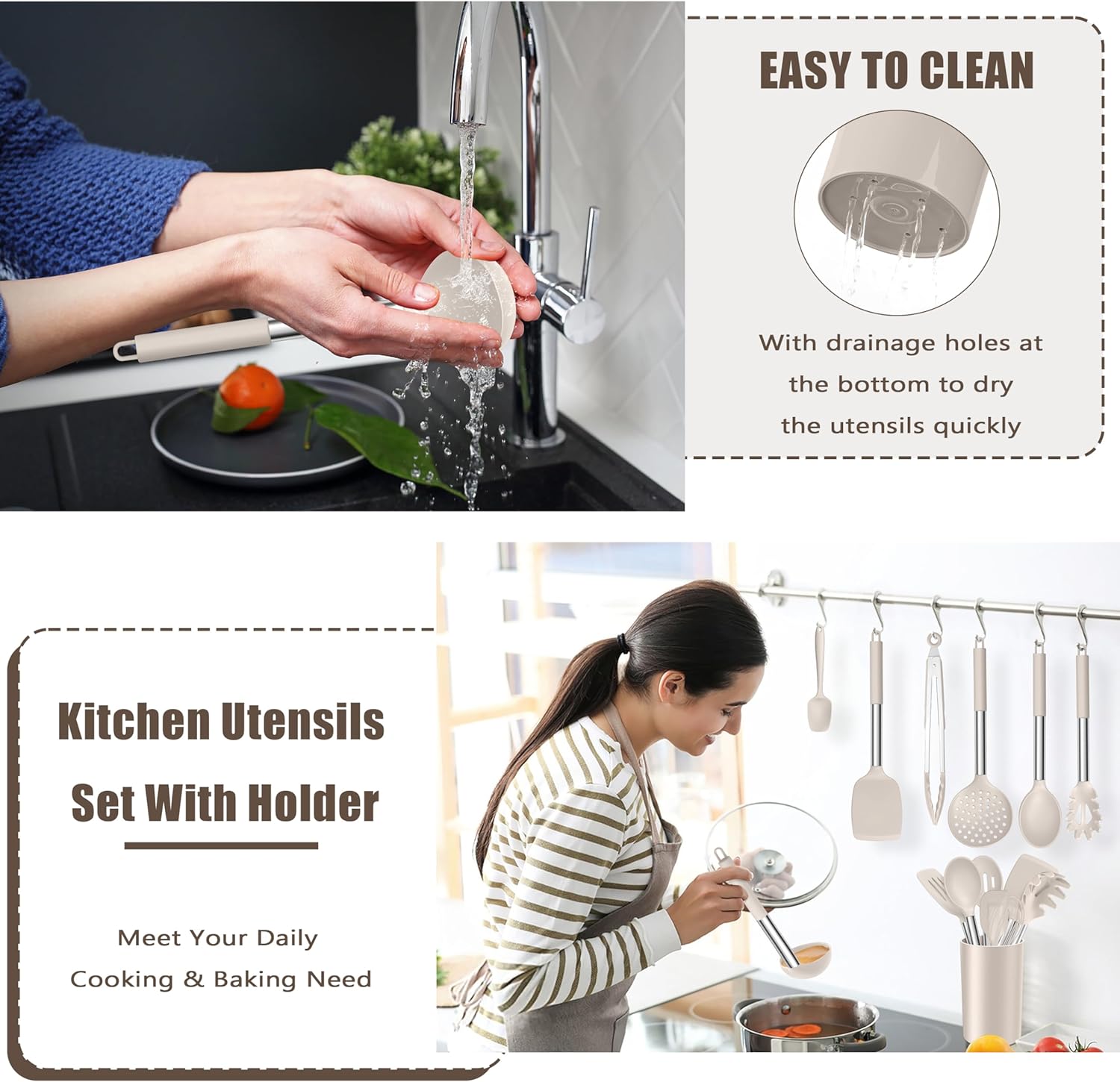 14 Pieces Silicone Cooking Utensils Set, Kitchen Utensils Set with Holder, Spatula, Ladle, Spoon, Tong, Slotted Turner for Nonstick Cookware, Heat Resistant & Stainless Steel Handle, Black