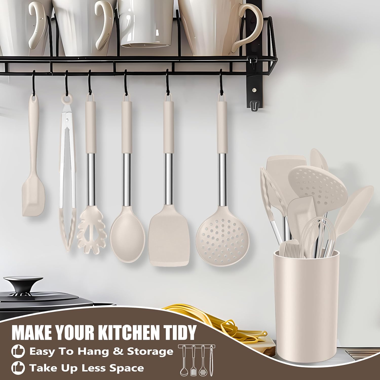 14 Pieces Silicone Cooking Utensils Set, Kitchen Utensils Set with Holder, Spatula, Ladle, Spoon, Tong, Slotted Turner for Nonstick Cookware, Heat Resistant & Stainless Steel Handle, Black