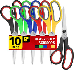 10 Pack 8" Scissors All Purpose, Heavy Duty Scissors for Office | Scissors Bulk Multipurpose Comfort-Grip Sharp Adult Office Scissors Set Sewing Fabric Stainless Steel Blades, Right/Left Hand
