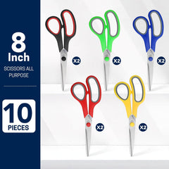 10 Pack 8" Scissors All Purpose, Heavy Duty Scissors for Office | Scissors Bulk Multipurpose Comfort-Grip Sharp Adult Office Scissors Set Sewing Fabric Stainless Steel Blades, Right/Left Hand