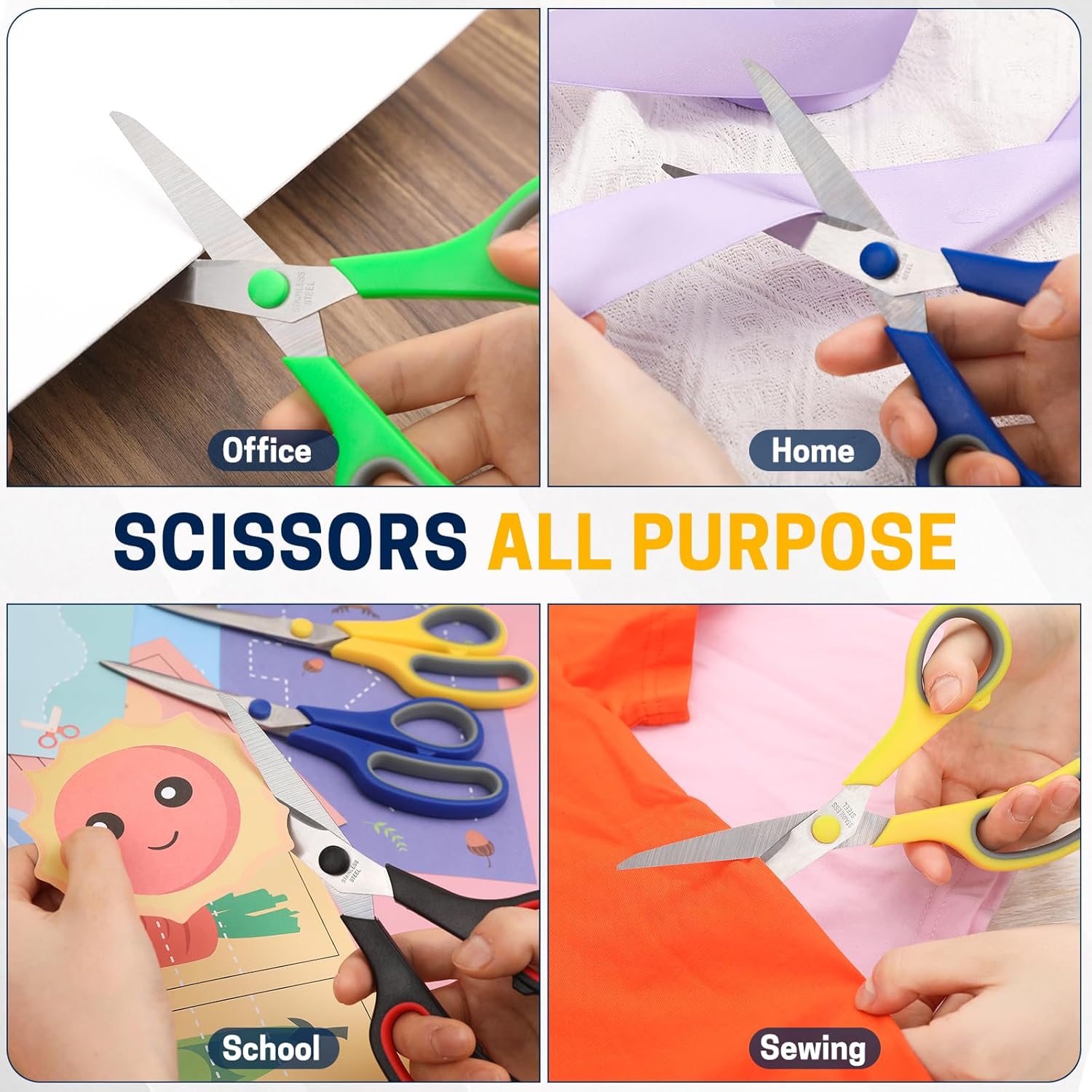 10 Pack 8" Scissors All Purpose, Heavy Duty Scissors for Office | Scissors Bulk Multipurpose Comfort-Grip Sharp Adult Office Scissors Set Sewing Fabric Stainless Steel Blades, Right/Left Hand