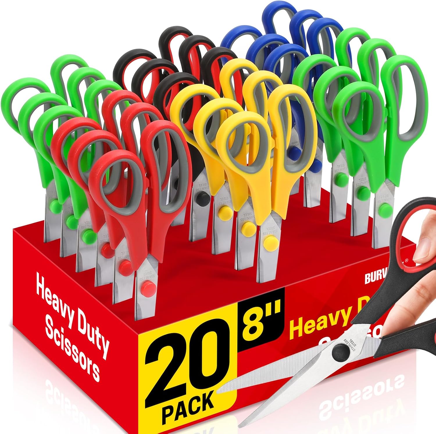 10 Pack 8" Scissors All Purpose, Heavy Duty Scissors for Office | Scissors Bulk Multipurpose Comfort-Grip Sharp Adult Office Scissors Set Sewing Fabric Stainless Steel Blades, Right/Left Hand