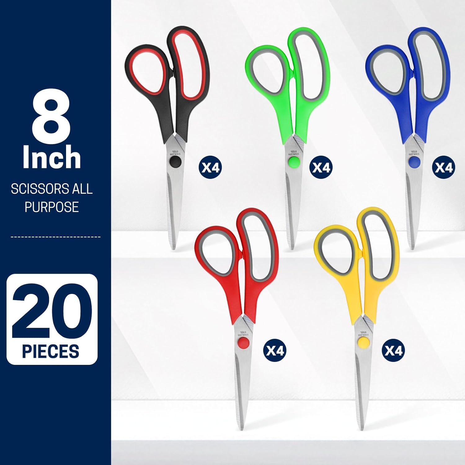 10 Pack 8" Scissors All Purpose, Heavy Duty Scissors for Office | Scissors Bulk Multipurpose Comfort-Grip Sharp Adult Office Scissors Set Sewing Fabric Stainless Steel Blades, Right/Left Hand