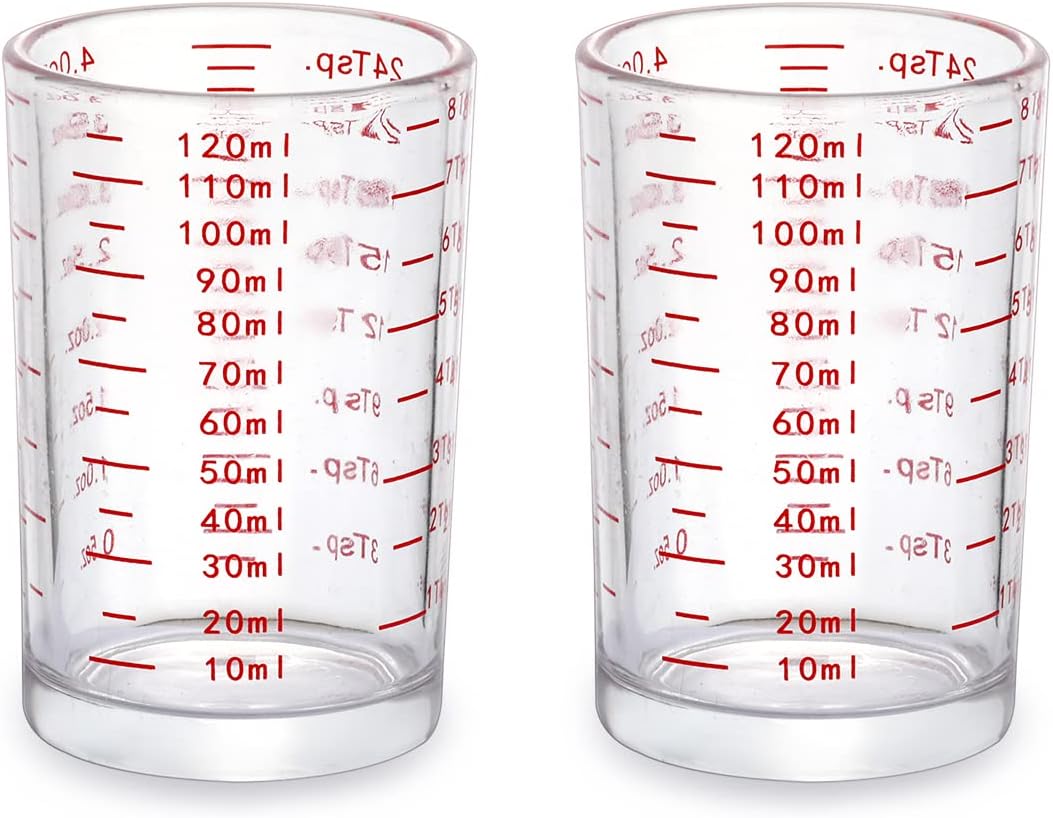 120 Milliliter Measuring Cup 2 Pieces Shot Glass Measuring Cup with 4 Kinds of Measuring Scale for Small Amount Liquid (Red, 120 ml)