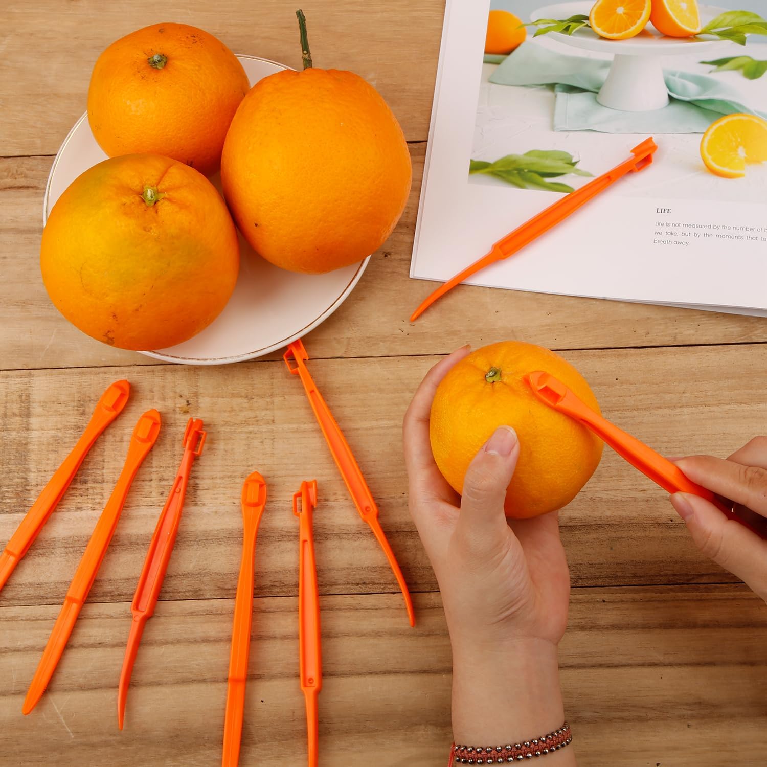10pcs Orange Peeler Tool, Long Handle Serrated Citrus Peel Cutter Easy Hold Plastic Vegetable Lemon Slicer Fruit Opener Remover Kitchen Gadget Chef Tools