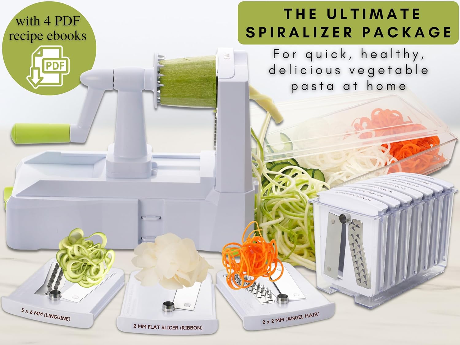 10-Blade Vegetable Spiralizer: Zoodle Maker & Veggie Noodle Maker, Potato String & Curly Fry Cutter, Japanese Steel Blades, Catch Container, Strong Suction Pad, 4 eBooks | Keto, Vegan, Paleo