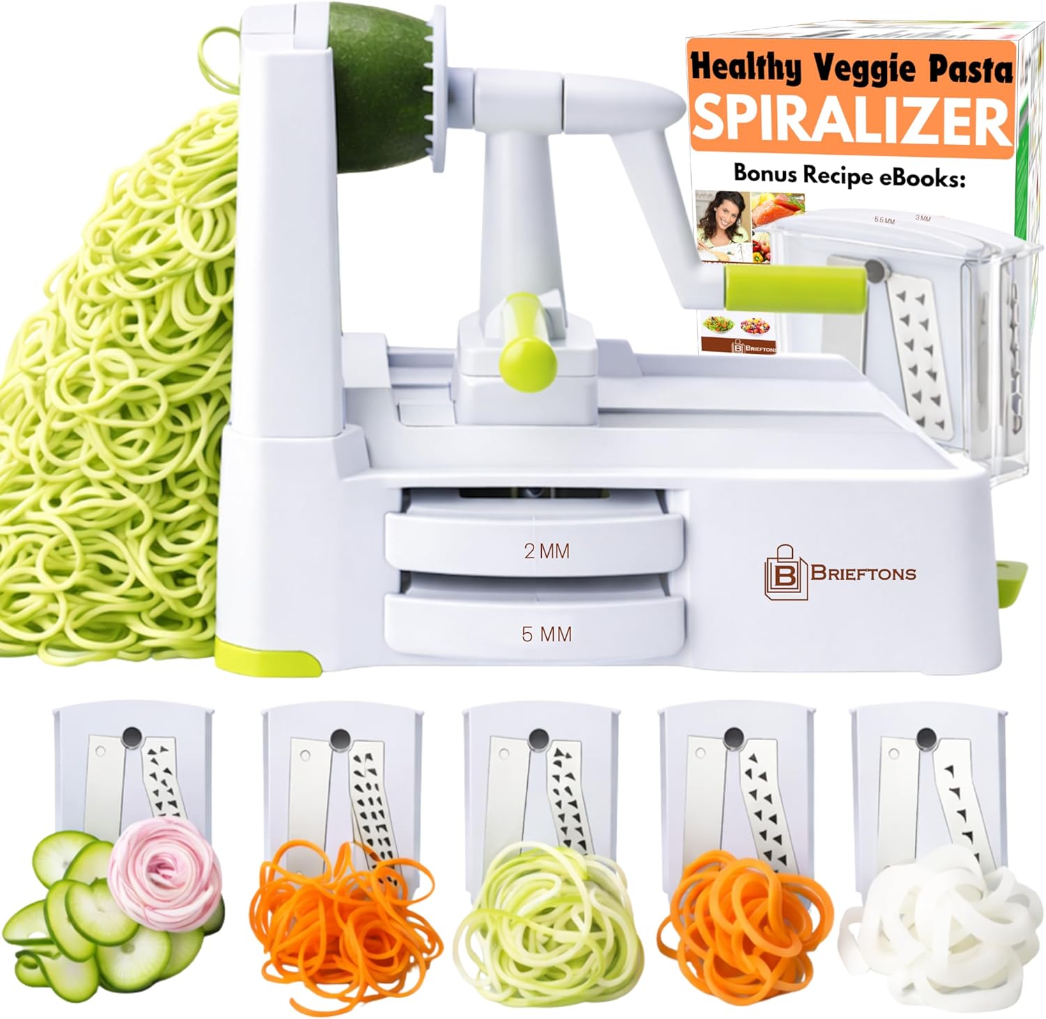 10-Blade Vegetable Spiralizer: Zoodle Maker & Veggie Noodle Maker, Potato String & Curly Fry Cutter, Japanese Steel Blades, Catch Container, Strong Suction Pad, 4 eBooks | Keto, Vegan, Paleo