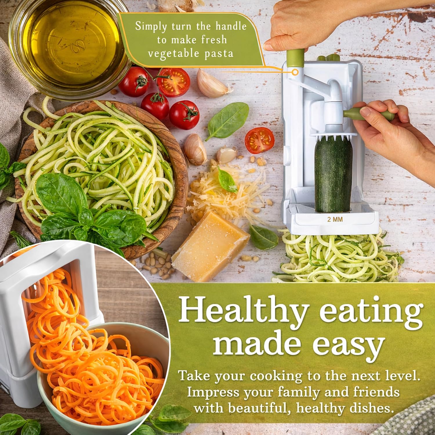 10-Blade Vegetable Spiralizer: Zoodle Maker & Veggie Noodle Maker, Potato String & Curly Fry Cutter, Japanese Steel Blades, Catch Container, Strong Suction Pad, 4 eBooks | Keto, Vegan, Paleo