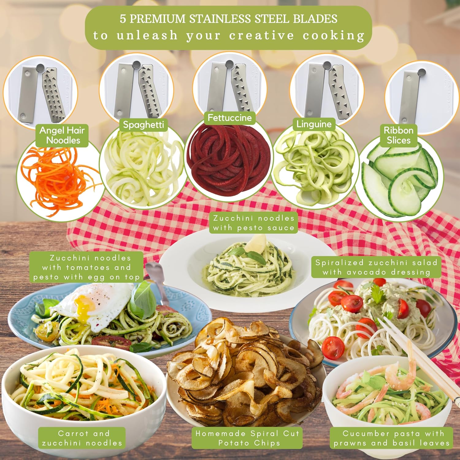 10-Blade Vegetable Spiralizer: Zoodle Maker & Veggie Noodle Maker, Potato String & Curly Fry Cutter, Japanese Steel Blades, Catch Container, Strong Suction Pad, 4 eBooks | Keto, Vegan, Paleo