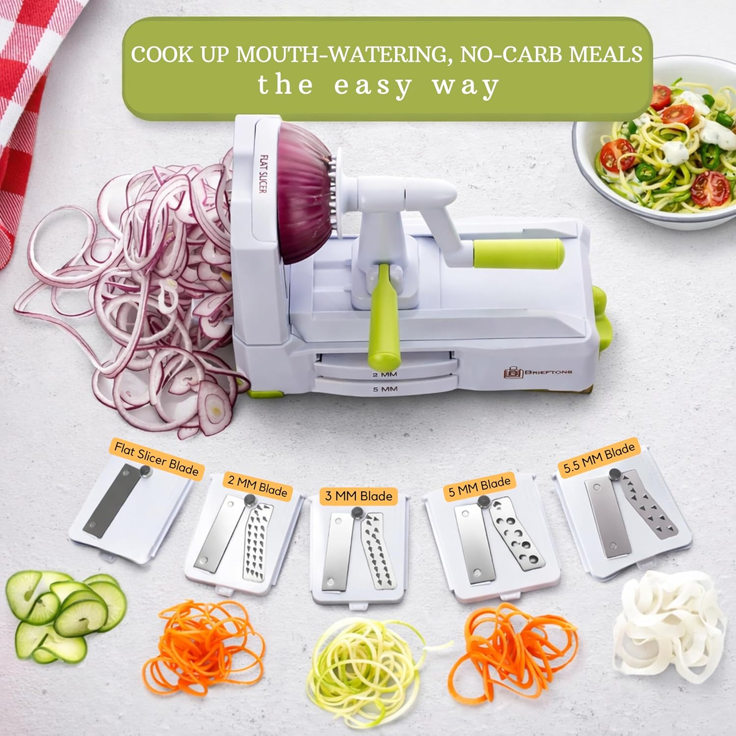 10-Blade Vegetable Spiralizer: Zoodle Maker & Veggie Noodle Maker, Potato String & Curly Fry Cutter, Japanese Steel Blades, Catch Container, Strong Suction Pad, 4 eBooks | Keto, Vegan, Paleo