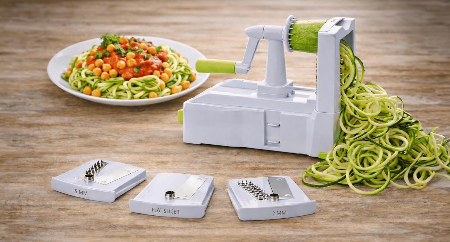 10-Blade Vegetable Spiralizer: Zoodle Maker & Veggie Noodle Maker, Potato String & Curly Fry Cutter, Japanese Steel Blades, Catch Container, Strong Suction Pad, 4 eBooks | Keto, Vegan, Paleo