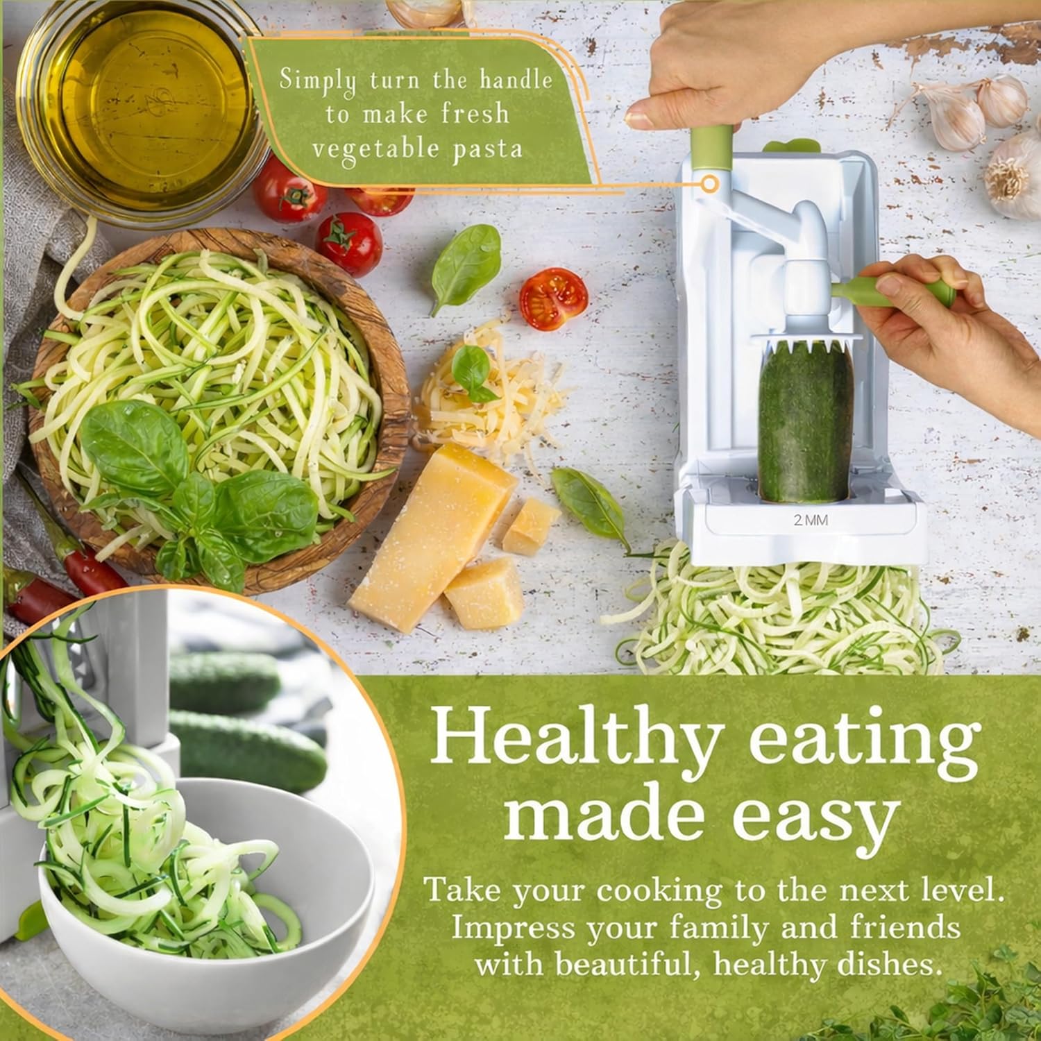 10-Blade Vegetable Spiralizer: Zoodle Maker & Veggie Noodle Maker, Potato String & Curly Fry Cutter, Japanese Steel Blades, Catch Container, Strong Suction Pad, 4 eBooks | Keto, Vegan, Paleo