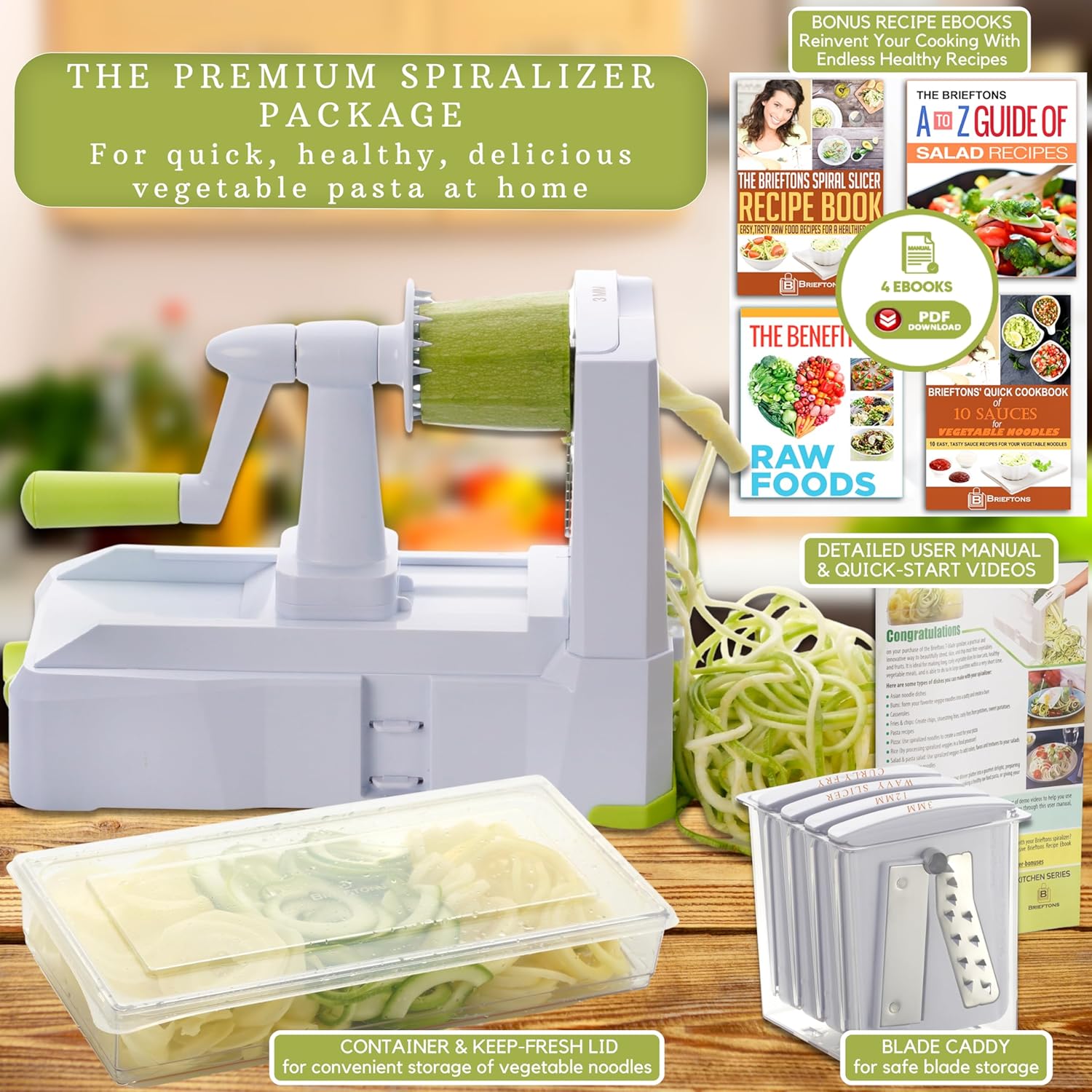 10-Blade Vegetable Spiralizer: Zoodle Maker & Veggie Noodle Maker, Potato String & Curly Fry Cutter, Japanese Steel Blades, Catch Container, Strong Suction Pad, 4 eBooks | Keto, Vegan, Paleo