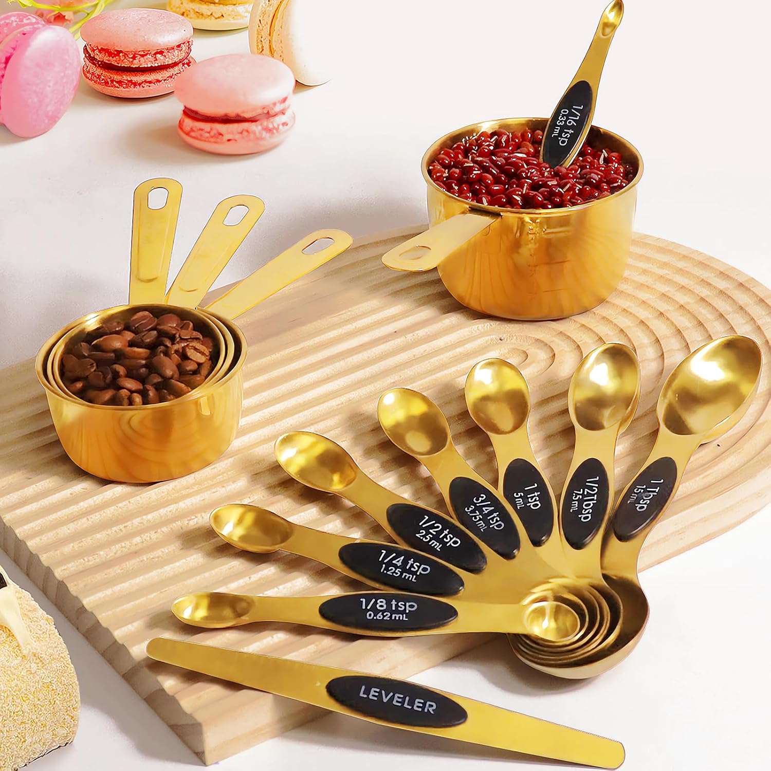 13pcs Gold Stainless Steel Measuring Cups and Spoons Set, 8 Double-Sided Magnetic Measuring Spoons Set & 4 Metal Measuring Cups & 1 Leveler for Kitchen Dry & Liquid Cooking Baking