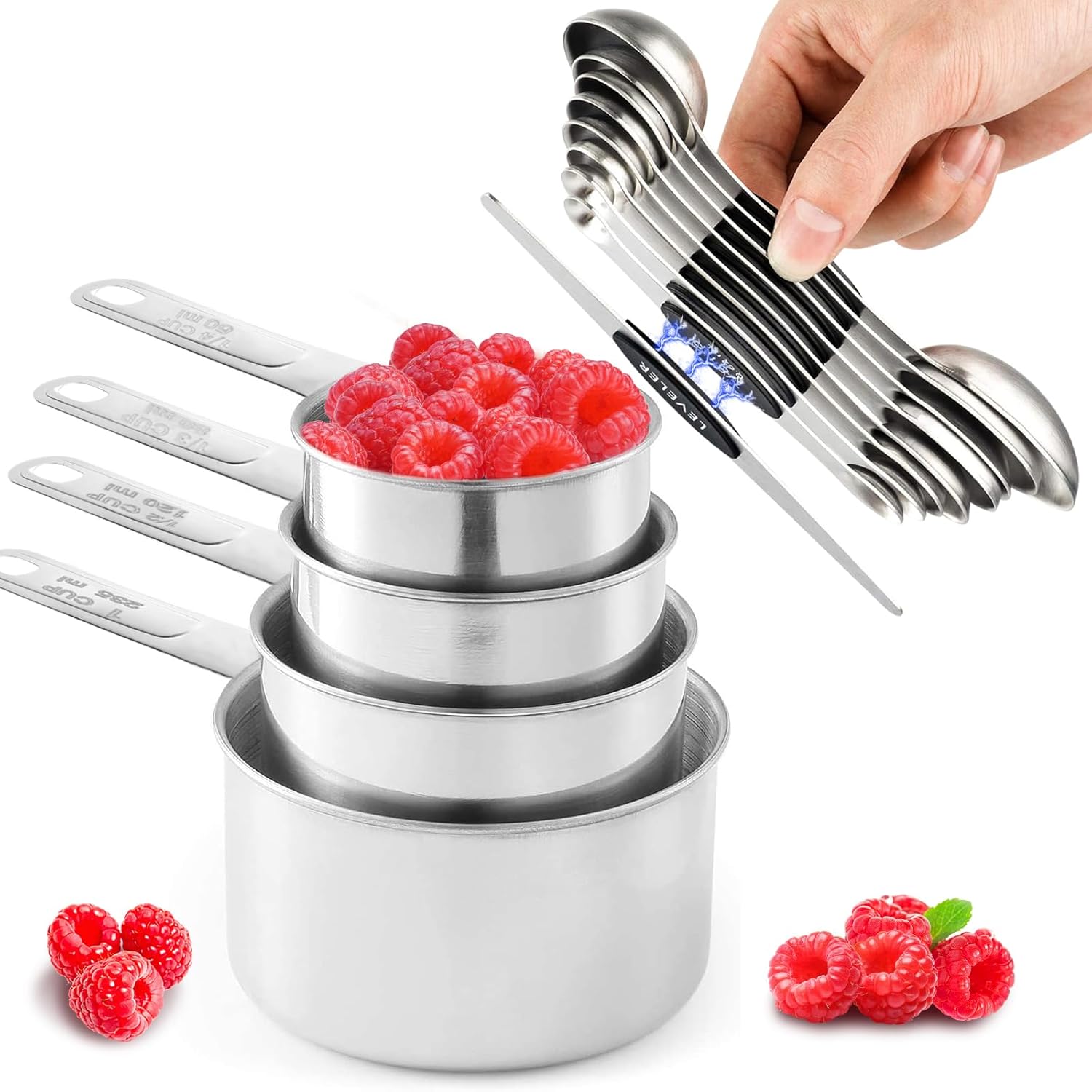 13pcs Gold Stainless Steel Measuring Cups and Spoons Set, 8 Double-Sided Magnetic Measuring Spoons Set & 4 Metal Measuring Cups & 1 Leveler for Kitchen Dry & Liquid Cooking Baking