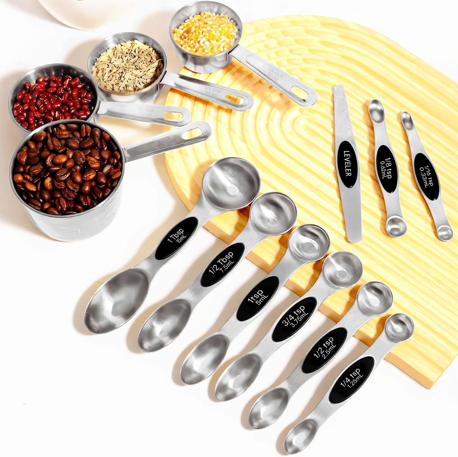 13pcs Gold Stainless Steel Measuring Cups and Spoons Set, 8 Double-Sided Magnetic Measuring Spoons Set & 4 Metal Measuring Cups & 1 Leveler for Kitchen Dry & Liquid Cooking Baking