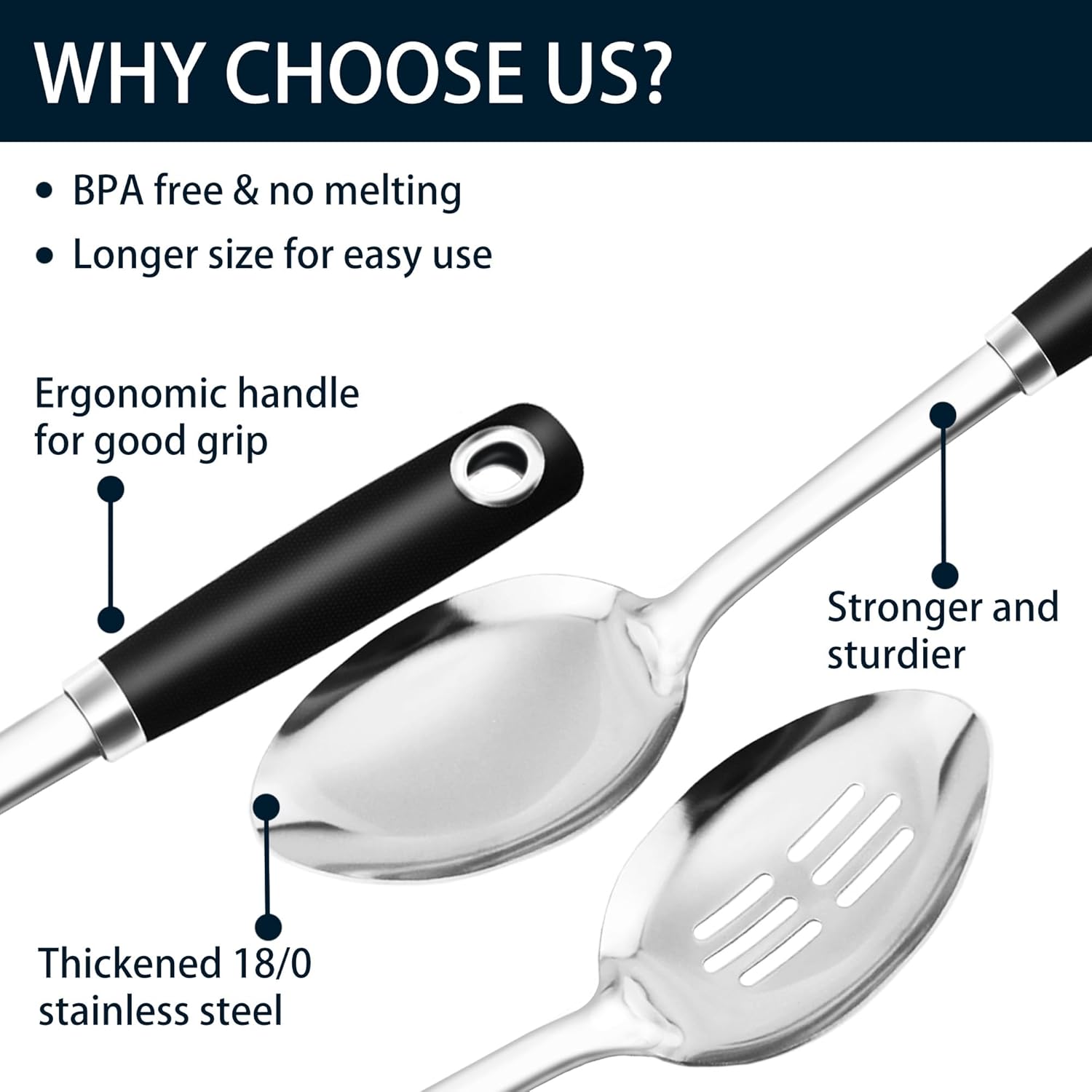 14-in Cooking Spoons Set, Heavy Duty 18/0 Stainless Steel Large Serving Spoons Set, Slotted Spoon, Cooking Spoon & Soup Ladle, Commercial and Residential Use, Pack of 3