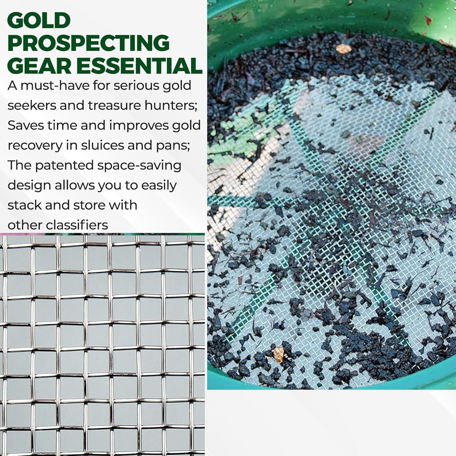 13.25 Inch Wide Stackable Classifier Gold Prospecting Pan - 1/8 Inch Stainless Steel Mesh Sifting Pan, Green