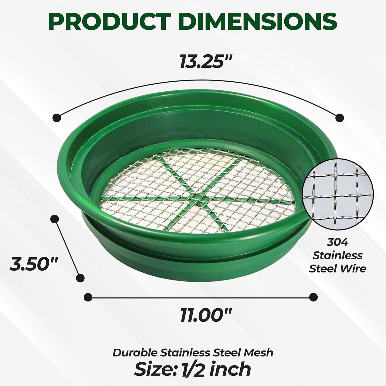 13.25 Inch Wide Stackable Classifier Gold Prospecting Pan - 1/8 Inch Stainless Steel Mesh Sifting Pan, Green