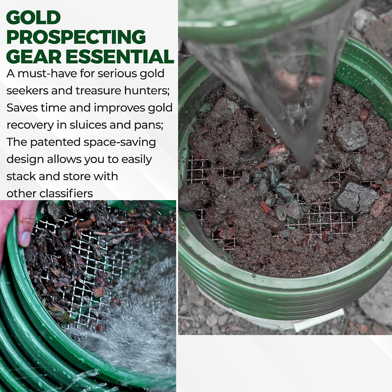 13.25 Inch Wide Stackable Classifier Gold Prospecting Pan - 1/8 Inch Stainless Steel Mesh Sifting Pan, Green