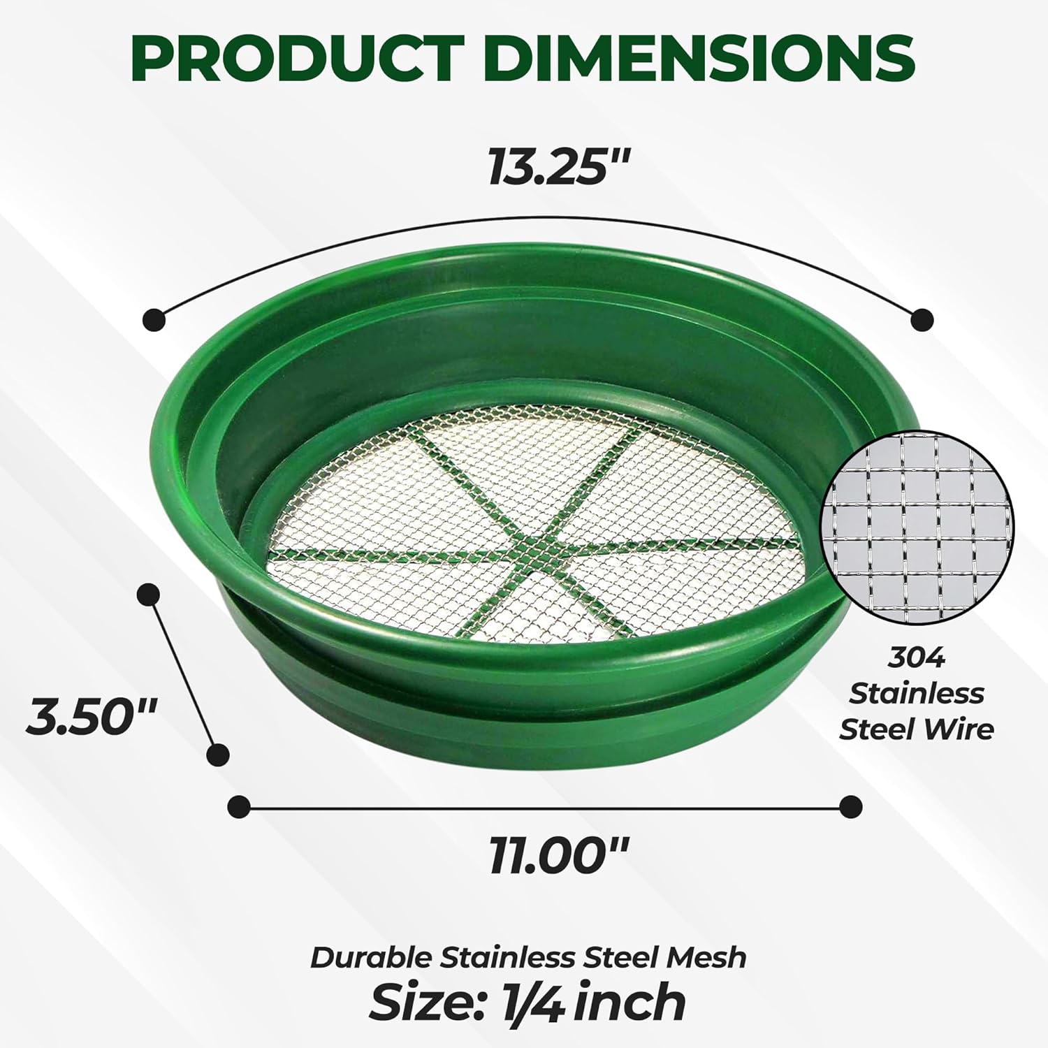 13.25 Inch Wide Stackable Classifier Gold Prospecting Pan - 1/8 Inch Stainless Steel Mesh Sifting Pan, Green