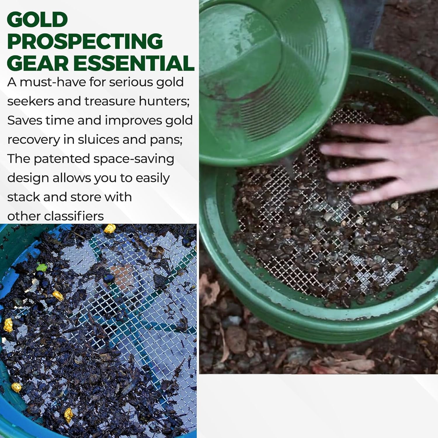 13.25 Inch Wide Stackable Classifier Gold Prospecting Pan - 1/8 Inch Stainless Steel Mesh Sifting Pan, Green