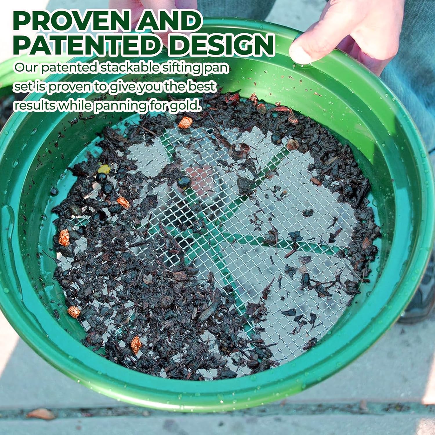 13.25 Inch Wide Stackable Classifier Gold Prospecting Pan - 1/8 Inch Stainless Steel Mesh Sifting Pan, Green