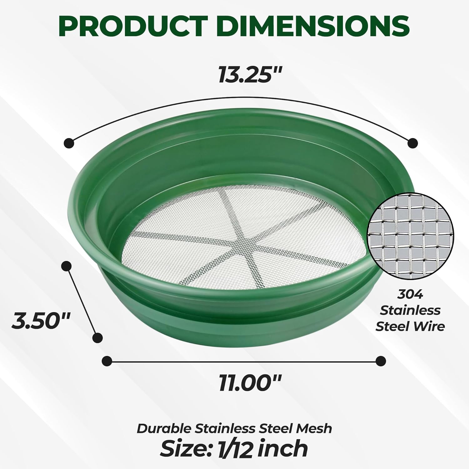 13.25 Inch Wide Stackable Classifier Gold Prospecting Pan - 1/8 Inch Stainless Steel Mesh Sifting Pan, Green