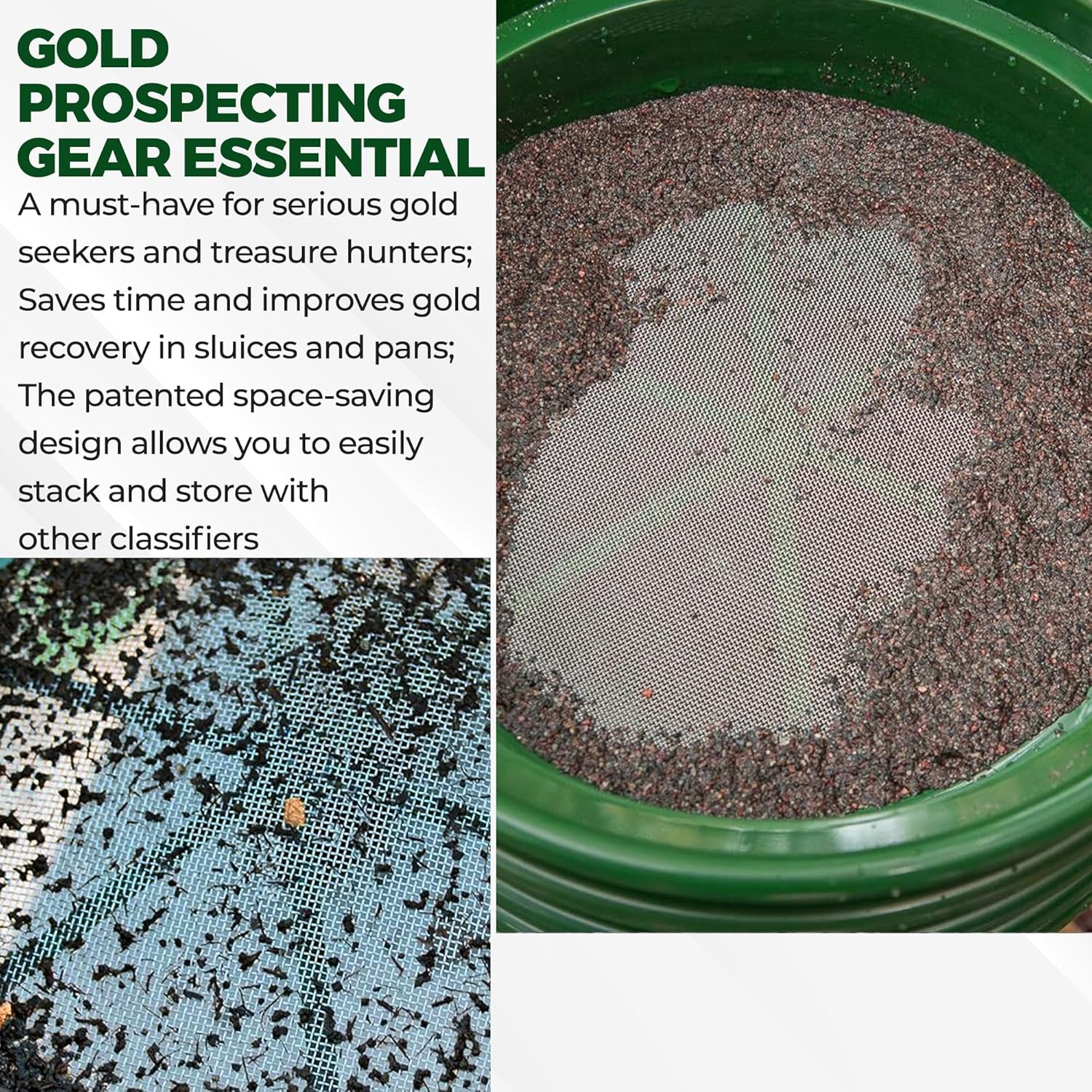 13.25 Inch Wide Stackable Classifier Gold Prospecting Pan - 1/8 Inch Stainless Steel Mesh Sifting Pan, Green