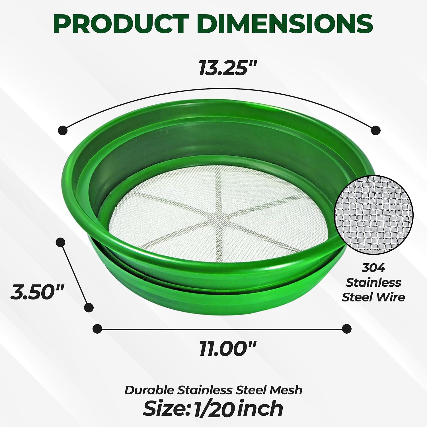 13.25 Inch Wide Stackable Classifier Gold Prospecting Pan - 1/8 Inch Stainless Steel Mesh Sifting Pan, Green
