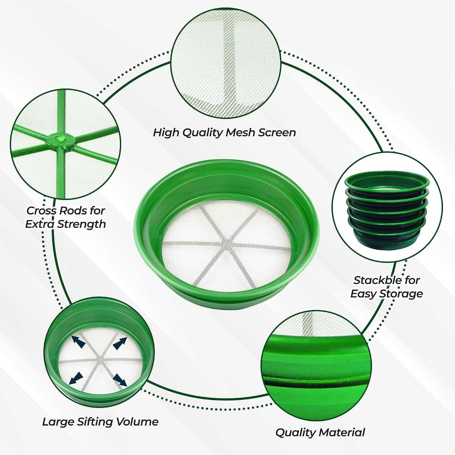 13.25 Inch Wide Stackable Classifier Gold Prospecting Pan - 1/8 Inch Stainless Steel Mesh Sifting Pan, Green