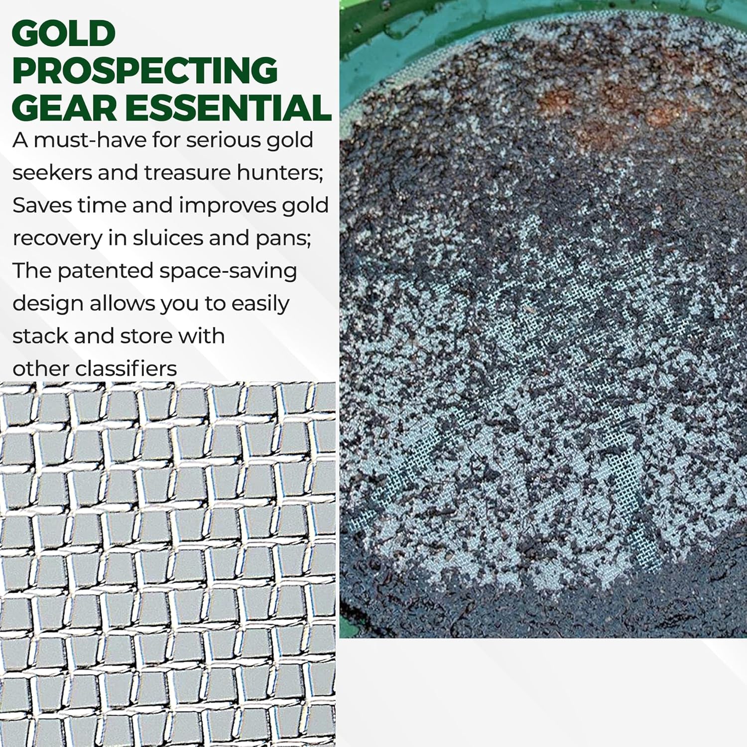 13.25 Inch Wide Stackable Classifier Gold Prospecting Pan - 1/8 Inch Stainless Steel Mesh Sifting Pan, Green