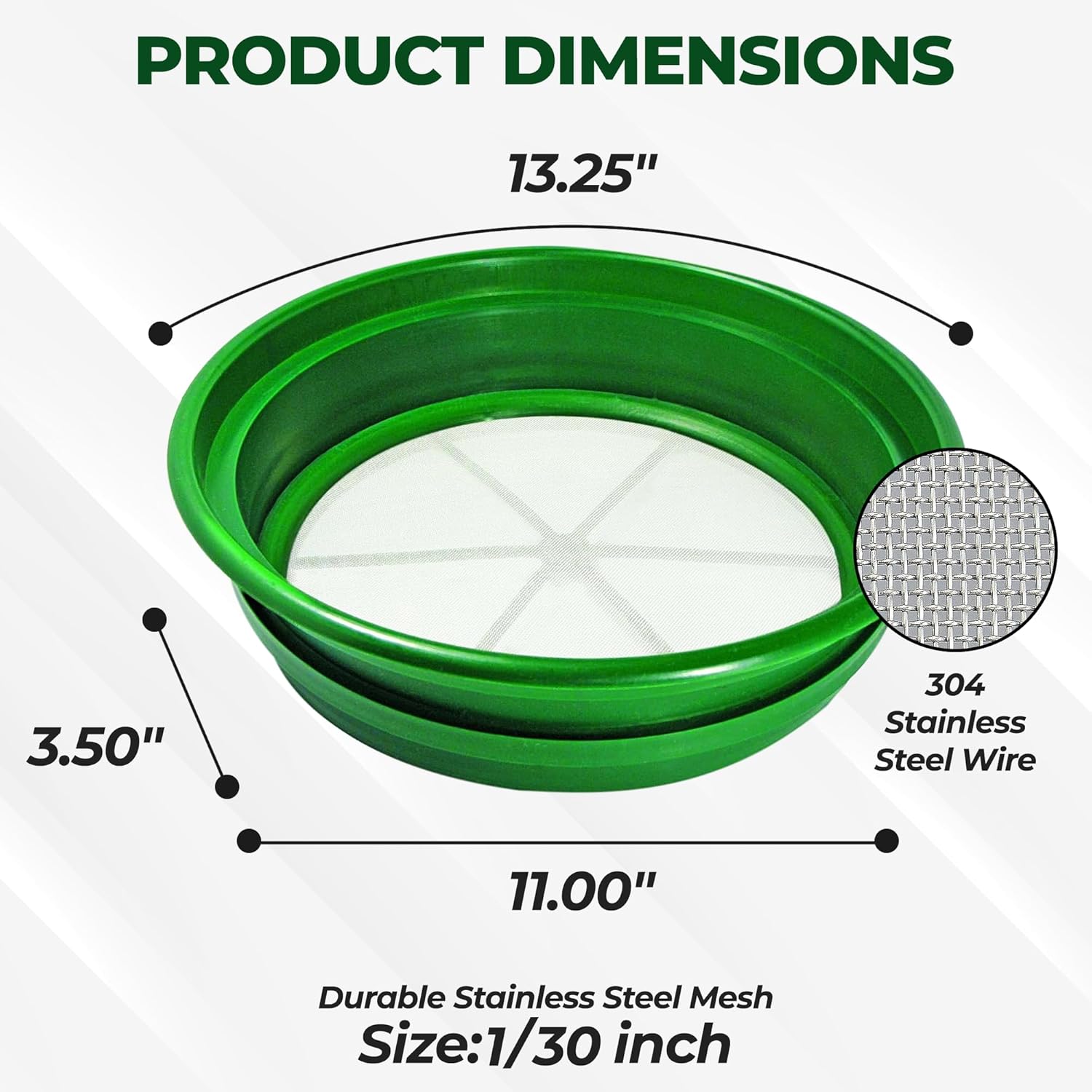 13.25 Inch Wide Stackable Classifier Gold Prospecting Pan - 1/8 Inch Stainless Steel Mesh Sifting Pan, Green