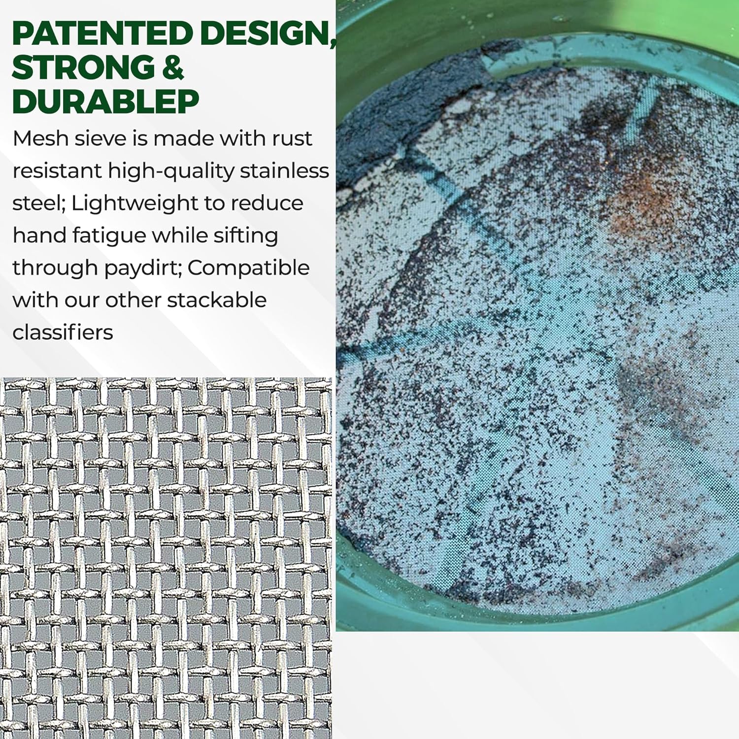 13.25 Inch Wide Stackable Classifier Gold Prospecting Pan - 1/8 Inch Stainless Steel Mesh Sifting Pan, Green