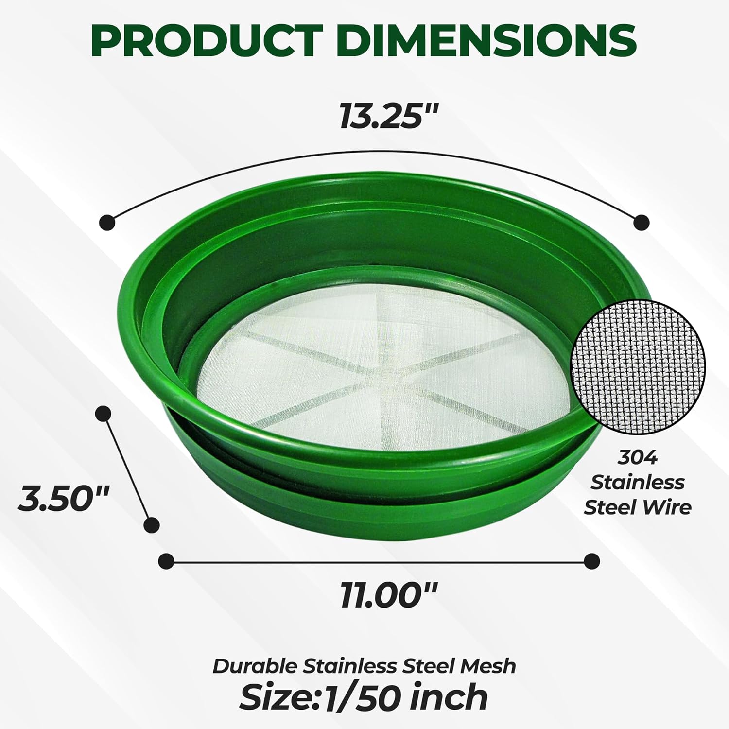 13.25 Inch Wide Stackable Classifier Gold Prospecting Pan - 1/8 Inch Stainless Steel Mesh Sifting Pan, Green