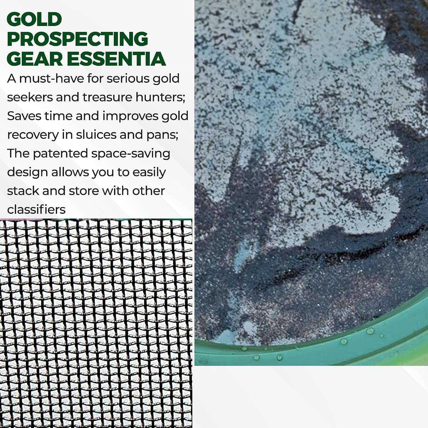 13.25 Inch Wide Stackable Classifier Gold Prospecting Pan - 1/8 Inch Stainless Steel Mesh Sifting Pan, Green