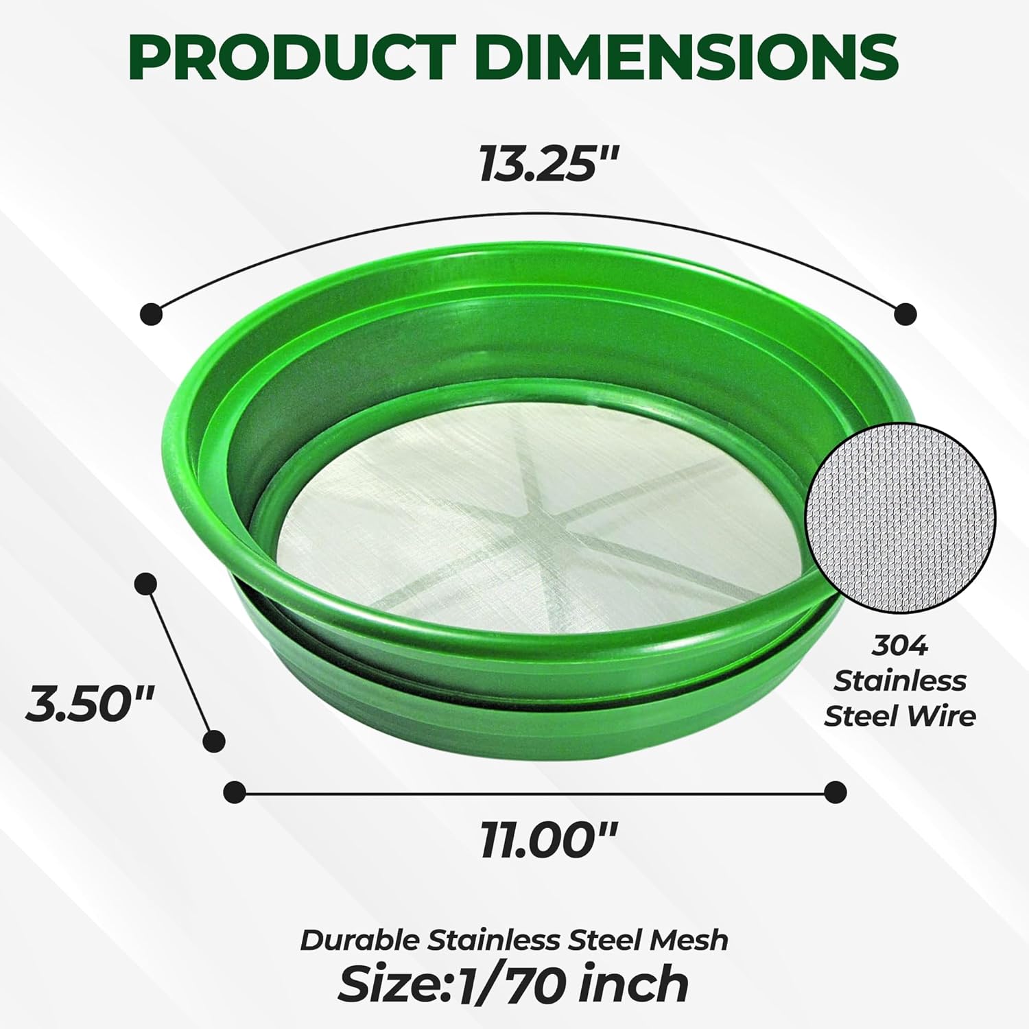 13.25 Inch Wide Stackable Classifier Gold Prospecting Pan - 1/8 Inch Stainless Steel Mesh Sifting Pan, Green