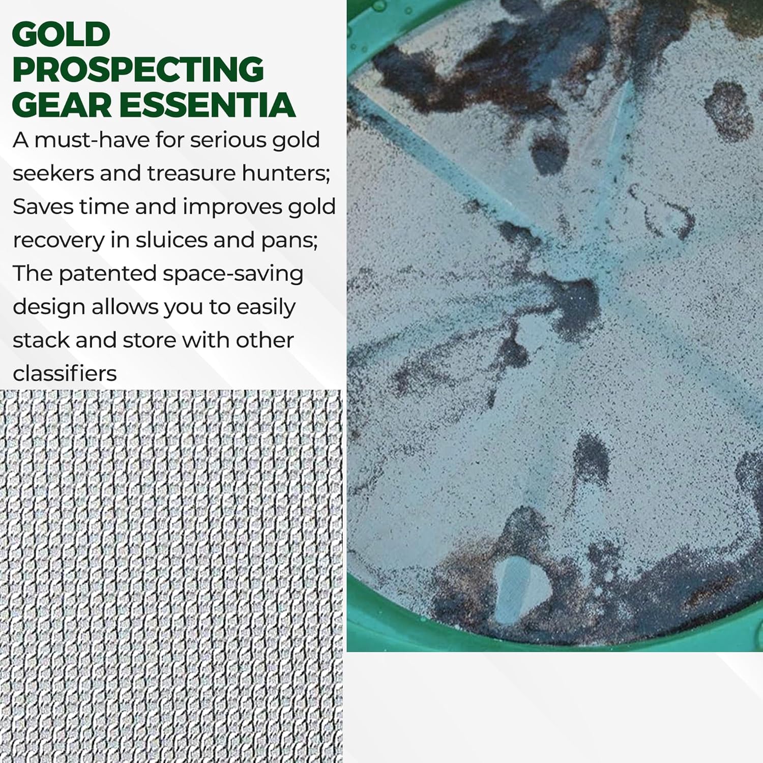 13.25 Inch Wide Stackable Classifier Gold Prospecting Pan - 1/8 Inch Stainless Steel Mesh Sifting Pan, Green