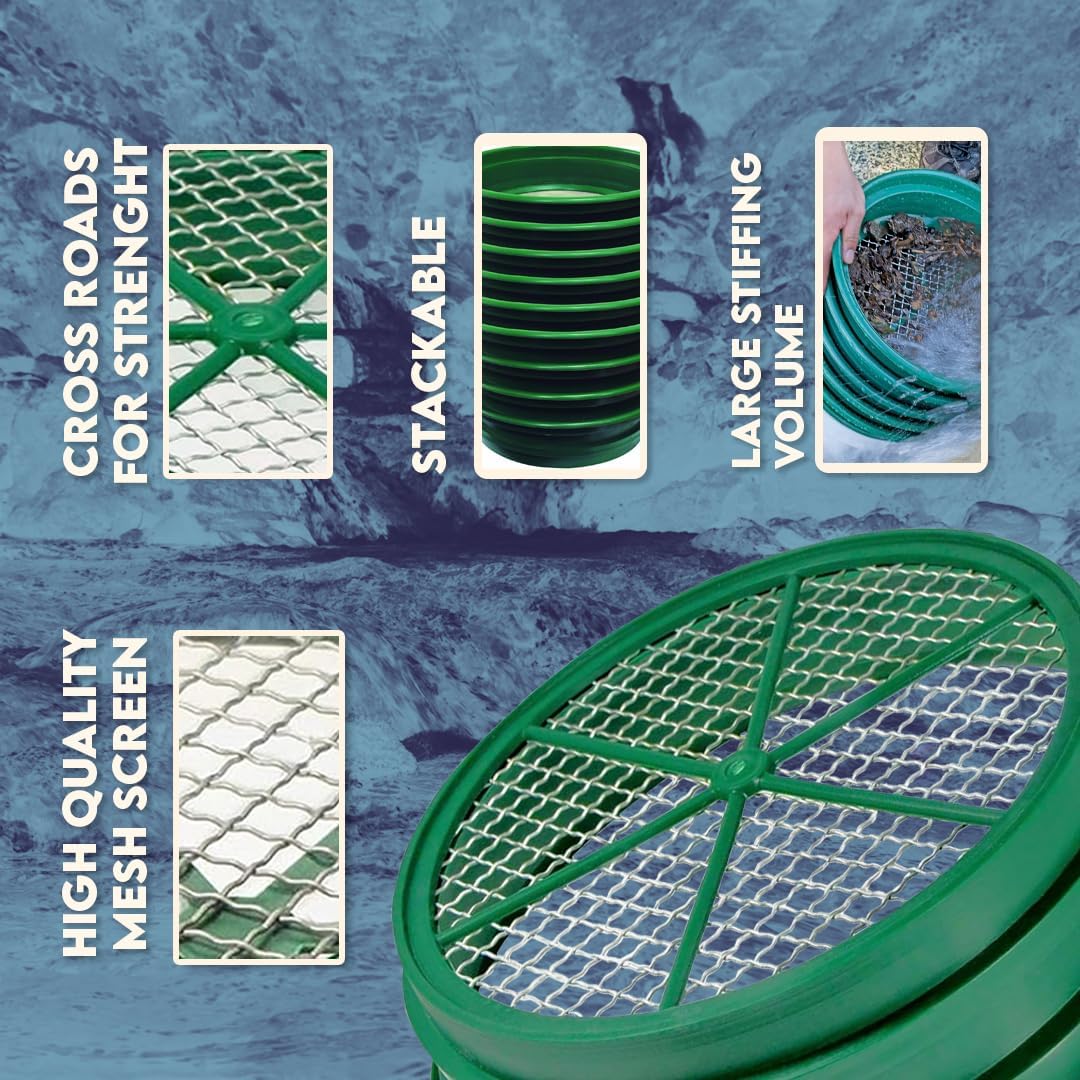 13.25 Inch Wide Stackable Classifier Gold Prospecting Pan - 1/8 Inch Stainless Steel Mesh Sifting Pan, Green
