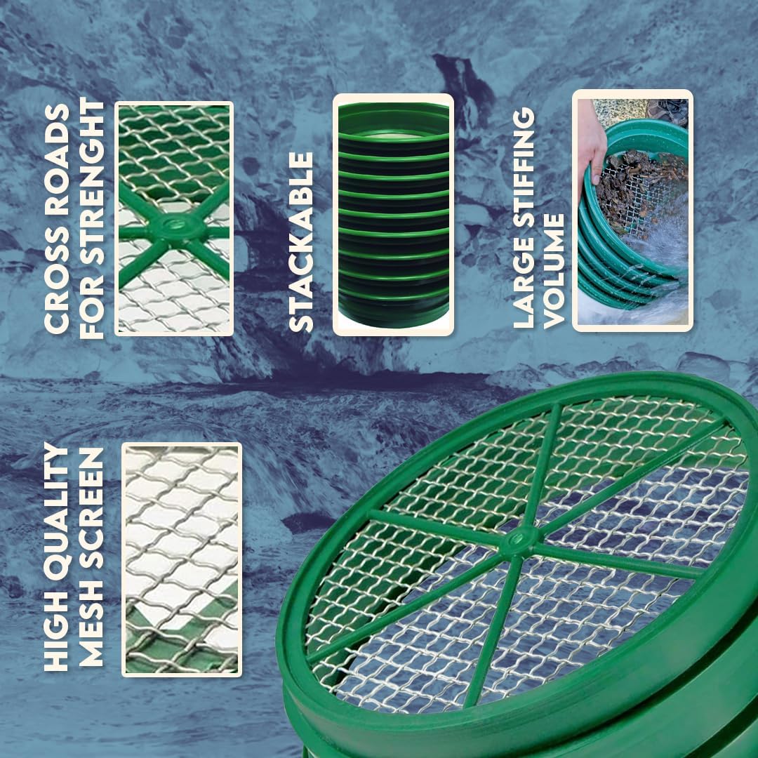 13.25 Inch Wide Stackable Classifier Gold Prospecting Pan - 1/8 Inch Stainless Steel Mesh Sifting Pan, Green