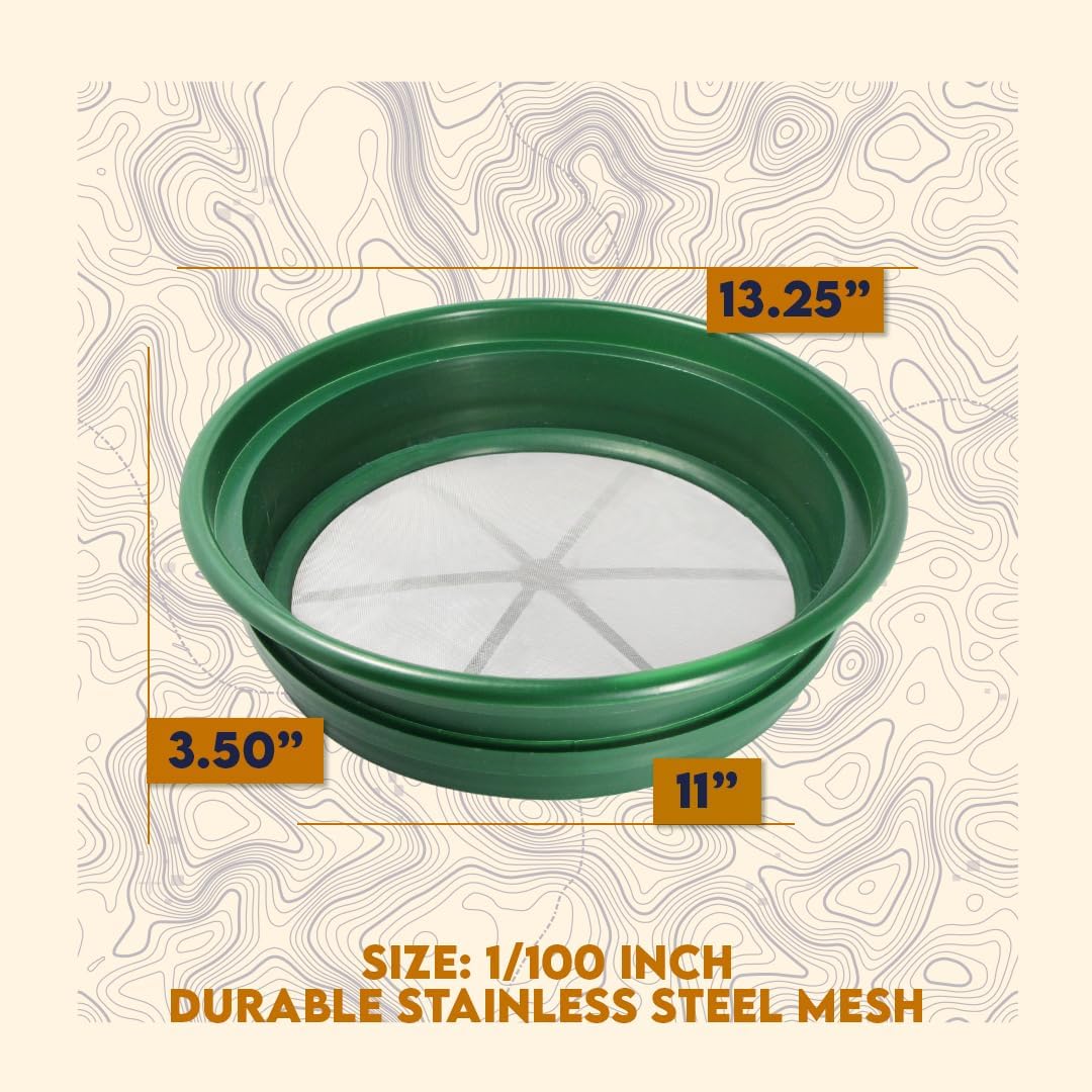13.25 Inch Wide Stackable Classifier Gold Prospecting Pan - 1/8 Inch Stainless Steel Mesh Sifting Pan, Green