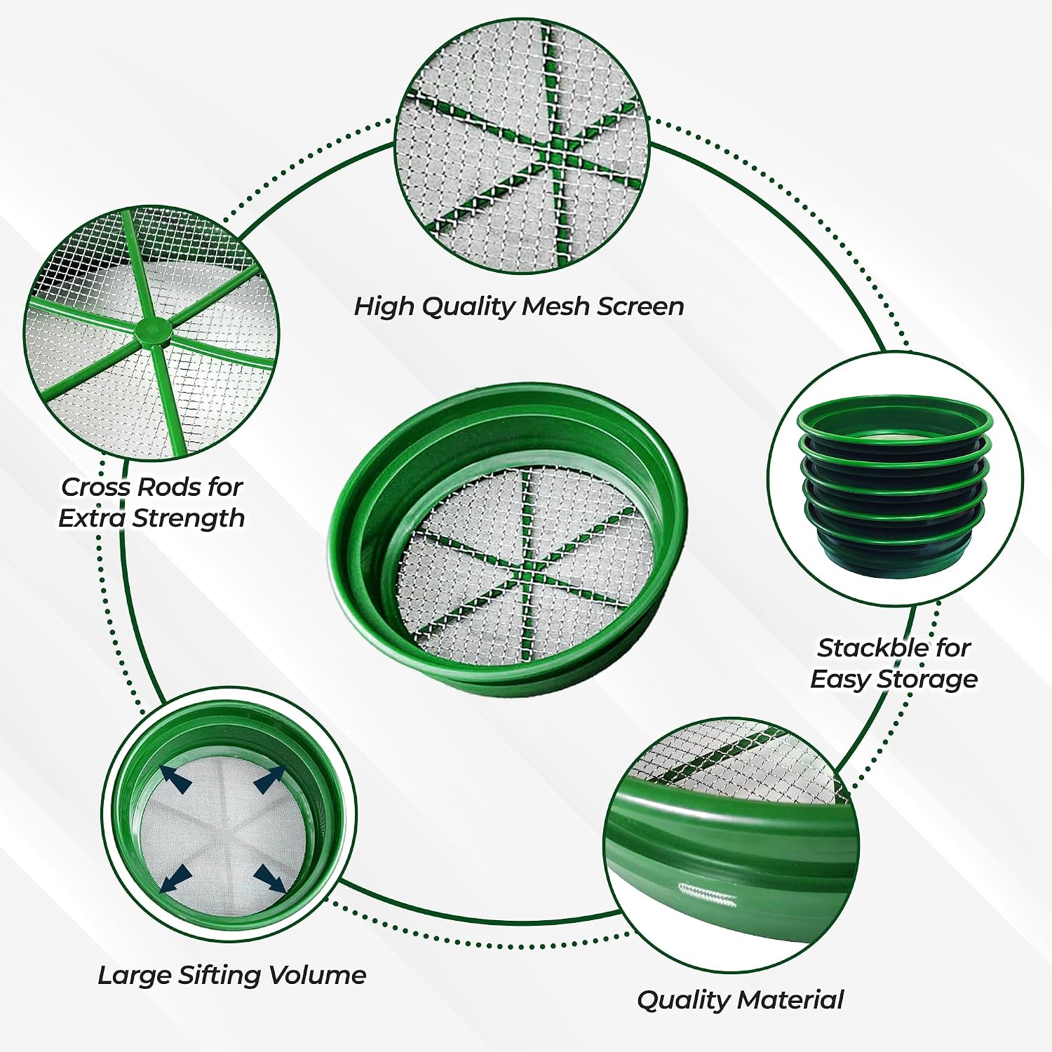 13.25 Inch Wide Stackable Classifier Gold Prospecting Pan - 1/8 Inch Stainless Steel Mesh Sifting Pan, Green