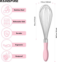 12-Inch Wire Whisk Stainless Steel, Balloon Whisks for Cooking, Wisk Wisking Tool With Soft Silicone Handle, Thick Durable Whisker for Blending, Beating, Whisking, Stirring, Pink
