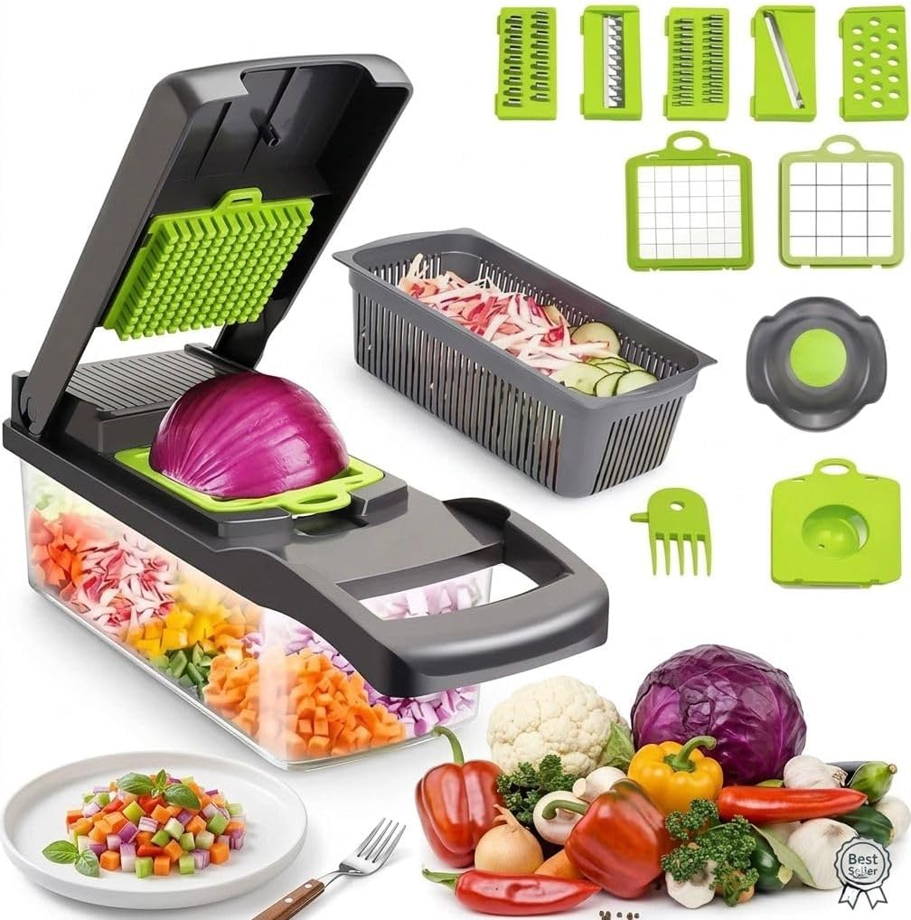 's16-in-1 Vegetable Cutter Slicer – Multifunctional Vegetable Chopper with Stainless Steel Blades, Manual Onion Cutter, Food Slicer & Dicer for Kitchen, Salad Maker.