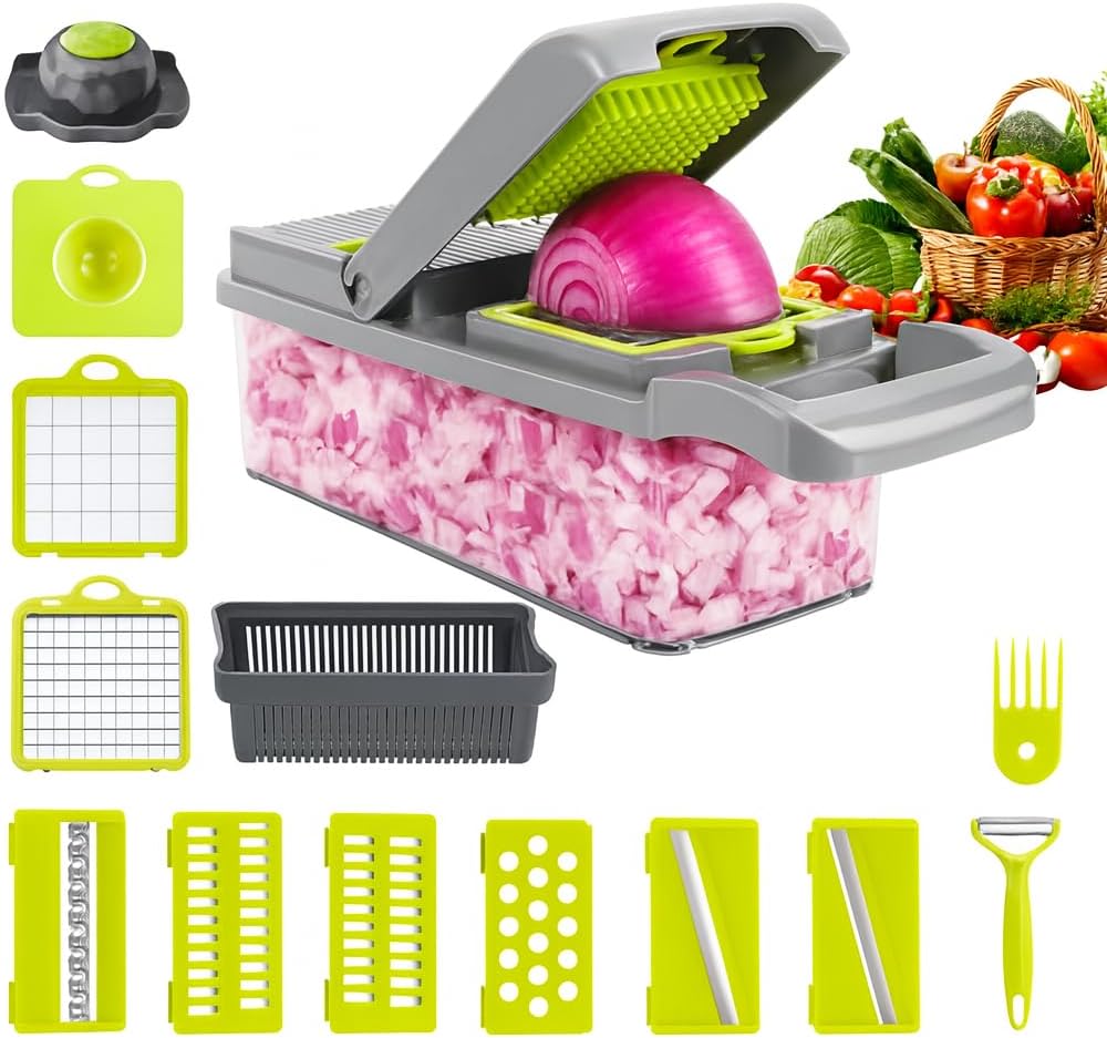 's16-in-1 Vegetable Cutter Slicer – Multifunctional Vegetable Chopper with Stainless Steel Blades, Manual Onion Cutter, Food Slicer & Dicer for Kitchen, Salad Maker.