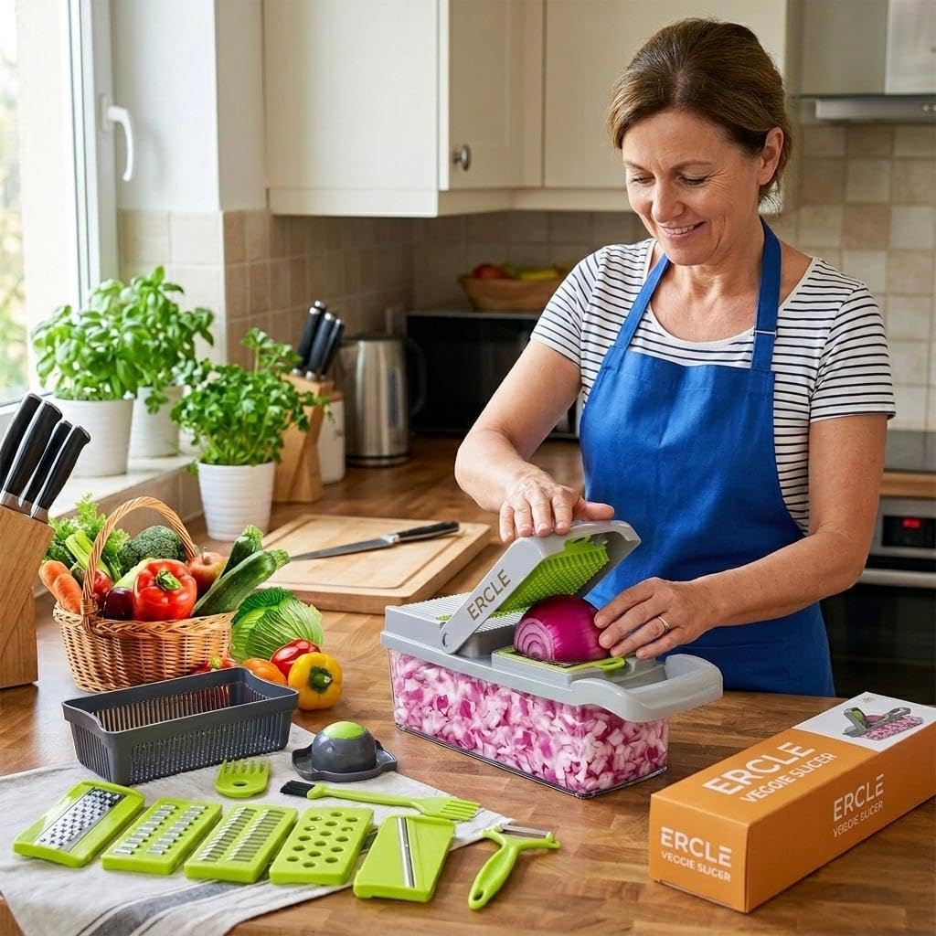 's16-in-1 Vegetable Cutter Slicer – Multifunctional Vegetable Chopper with Stainless Steel Blades, Manual Onion Cutter, Food Slicer & Dicer for Kitchen, Salad Maker.