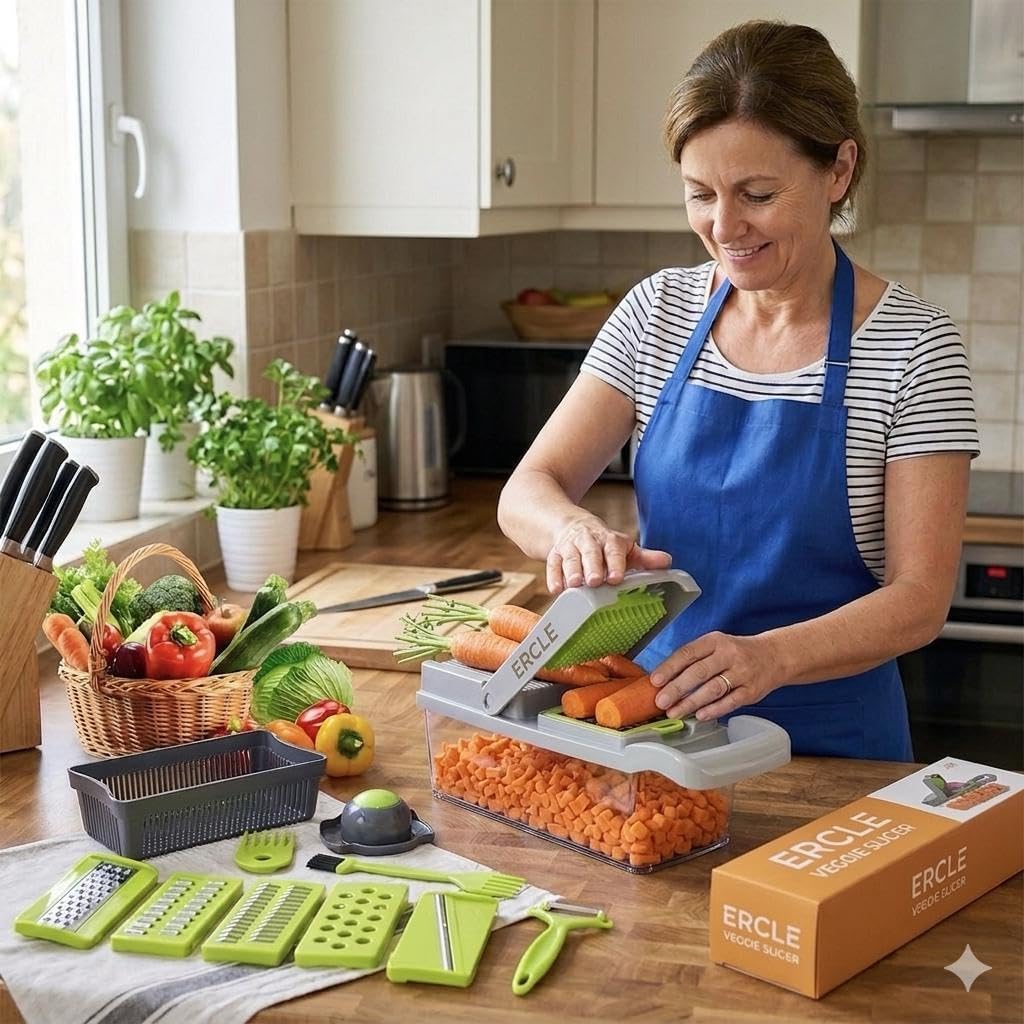 's16-in-1 Vegetable Cutter Slicer – Multifunctional Vegetable Chopper with Stainless Steel Blades, Manual Onion Cutter, Food Slicer & Dicer for Kitchen, Salad Maker.