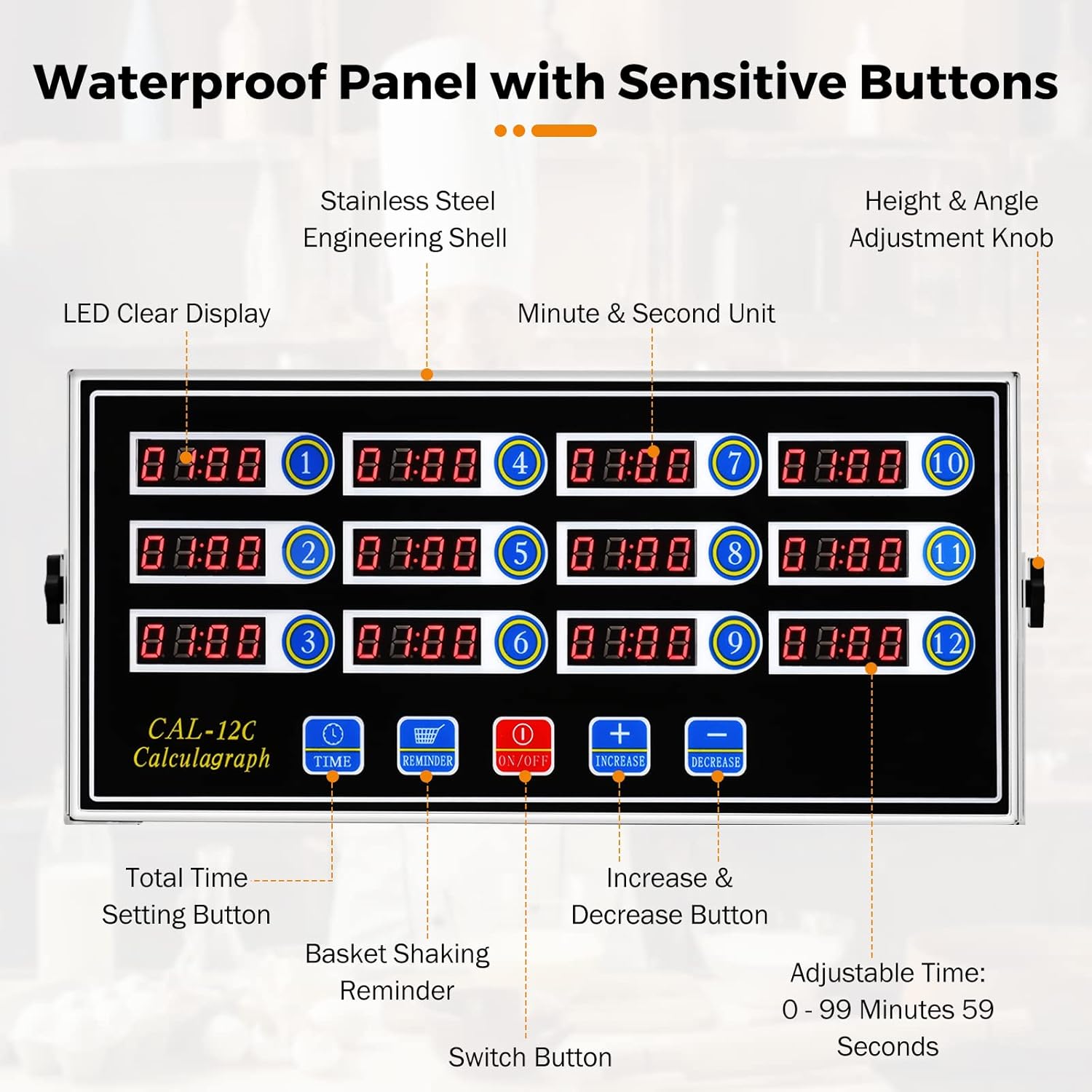 12-Channel Commercial Digital Kitchen Timer for Restaurant | Food Timer for Cooking, Countdown Fryer Timing Reminder, Adjustable Loud Alarm, Stainless Steel Waterproof Button Control