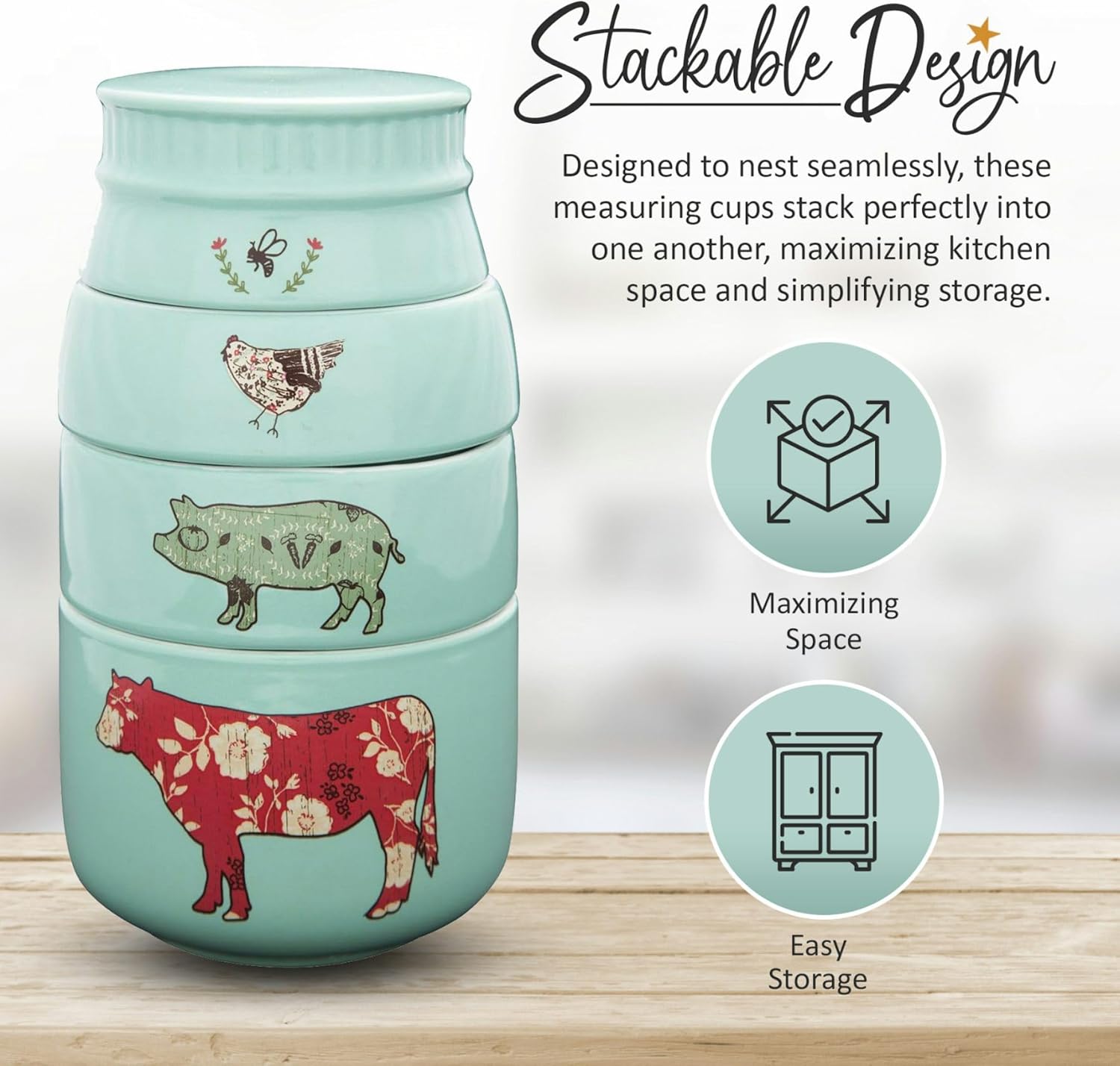 'Live Simply Bee, Chicken, Pig, and Cow' - 4-Piece Stoneware Measuring Cups Set, Sturdy Farmhouse-Style Kitchenware for Home Baking, Cooking, Gifting - Teal, 8 Ounces