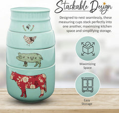 'Live Simply Bee, Chicken, Pig, and Cow' - 4-Piece Stoneware Measuring Cups Set, Sturdy Farmhouse-Style Kitchenware for Home Baking, Cooking, Gifting - Teal, 8 Ounces